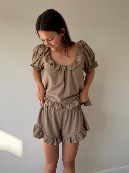 Ruffle Mini Shorts ~ Mocha