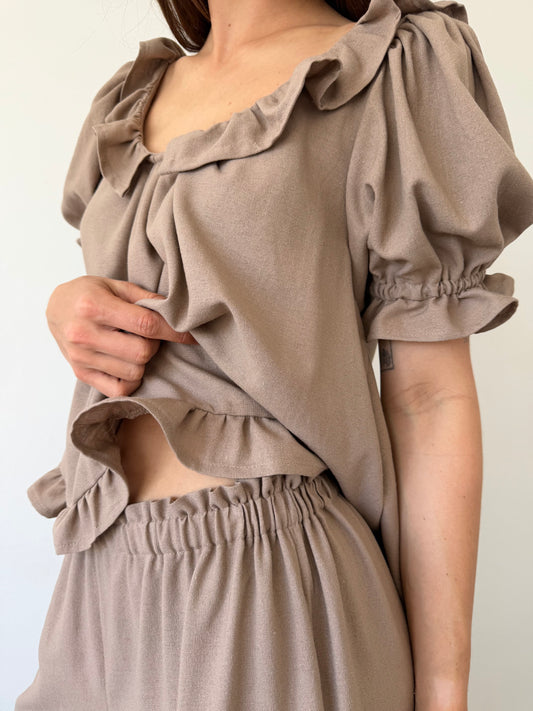 Ruffle Blouse ~ Mocha